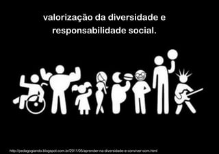 valorização da diversidade e
                     responsabilidade social.




http://pedagogiando.blogspot.com.br/2011/05/aprender-na-diversidade-e-conviver-com.html
 