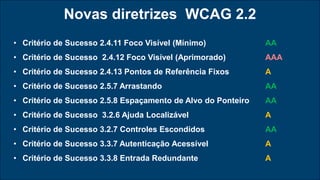 Novas diretrizes WCAG 2.2
• Critério de Sucesso 2.4.11 Foco Visível (Mínimo) AA
• Critério de Sucesso 2.4.12 Foco Visível (Aprimorado) AAA
• Critério de Sucesso 2.4.13 Pontos de Referência Fixos A
• Critério de Sucesso 2.5.7 Arrastando AA
• Critério de Sucesso 2.5.8 Espaçamento de Alvo do Ponteiro AA
• Critério de Sucesso 3.2.6 Ajuda Localizável A
• Critério de Sucesso 3.2.7 Controles Escondidos AA
• Critério de Sucesso 3.3.7 Autenticação Acessível A
• Critério de Sucesso 3.3.8 Entrada Redundante A
 
