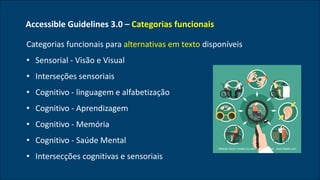 Accessible Guidelines 3.0 – Categorias funcionais
Categorias funcionais para alternativas em texto disponíveis
• Sensorial - Visão e Visual
• Interseções sensoriais
• Cognitivo - linguagem e alfabetização
• Cognitivo - Aprendizagem
• Cognitivo - Memória
• Cognitivo - Saúde Mental
• Intersecções cognitivas e sensoriais
Medical vector created by macrovector_official - www.freepik.com
 