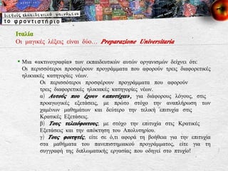 Ιταλία Οι μαγικές λέξεις είναι δύο…  Preparazione Universitaria Μια «ακτινογραφία» των εκπαιδευτικών αυτών οργανισμών δείχνει ότι:  Οι περισσότεροι προσφέρουν προγράμματα που αφορούν τρεις διαφορετικές ηλικιακές κατηγορίες νέων. Οι περισσότεροι προσφέρουν προγράμματα που αφορούν  τρεις διαφορετικές ηλικιακές κατηγορίες νέων. α)  Αυτούς που έχουν «αποτύχει»,  για διάφορους λόγους, στις  προαγωγικές εξετάσεις, με πρώτο στόχο την αναπλήρωση των χαμένων μαθημάτων και δεύτερο την τελική επιτυχία στις  Κρατικές Εξετάσεις.  β)  Τους τελειόφοιτους , με στόχο την επιτυχία στις Κρατικές  Εξετάσεις και την απόκτηση του Απολυτηρίου. γ)  Τους φοιτητές , είτε σε ό,τι αφορά τη βοήθεια για την επιτυχία στα μαθήματα του πανεπιστημιακού προγράμματος, είτε για τη συγγραφή της διπλωματικής εργασίας που οδηγεί στο πτυχίο! 