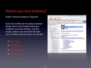 What’s your kind of library?
Public? School? Academic? Special? 


ALA’s four toolkits can be easily accessed. 
Simply click on the Frontline Advocacy 
Toolkit for your kind of library, and find 
simple, ready-to-use tools that will make 
you a frontline advocacy ace in no time flat!


  • Public library
  • School library
  • Academic library
  • Special library




                                                31
 