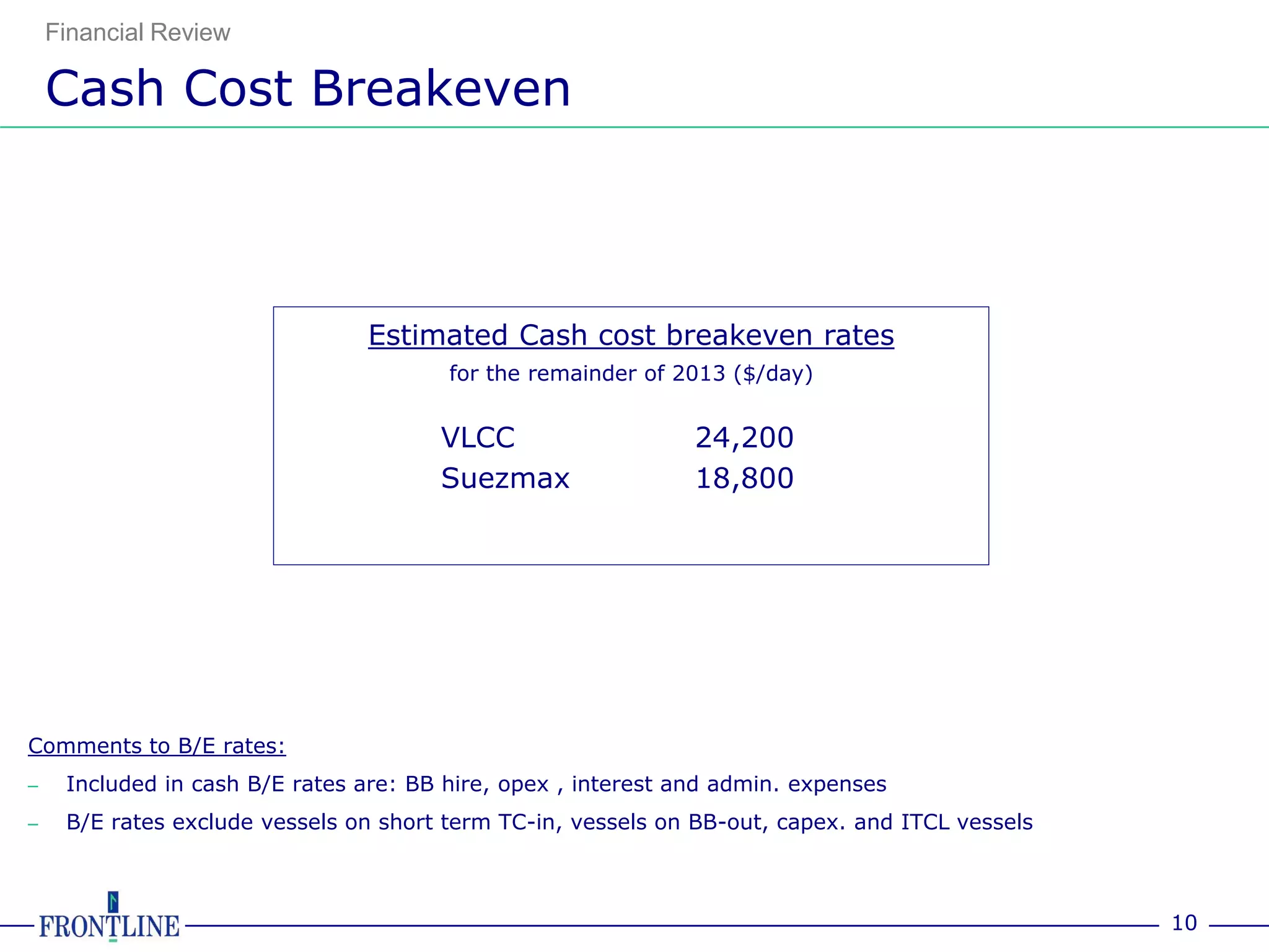 Financial Review

    Cash Cost Breakeven



                                Estimated Cash cost breakeven rates
                                        for the remainder of 2013 ($/day)


                                       VLCC                    24,200
                                       Suezmax                 18,800




Comments to B/E rates:
–    Included in cash B/E rates are: BB hire, opex , interest and admin. expenses
–    B/E rates exclude vessels on short term TC-in, vessels on BB-out, capex. and ITCL vessels



                                                                                                 10
 