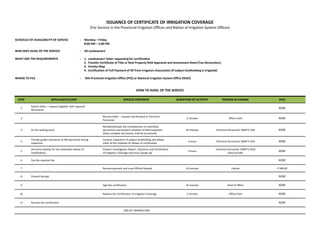 STEP APPLICANT/CLIENT SERVICE PROVIDER DURATION OF ACTIVITY PERSON IN CHARGE FEES
1
Submit letter – request together with required
documents
NONE
2
Receive letter – request and forward to Technical
Personnel
2 minutes Office Clerk NONE
3 (In the waiting area)
Review/evaluate the completeness of submitted
documents and prepare schedule of field inspection
(Only complete documents shall be processed)
30 minutes Technical Personnel/ SWRFT/ IDO NONE
4
Provide guide/ assistance to NIA personnel during
inspection
Conduct inspection of subject landholding and advise
client of the schedule of release of certification
2 hours Technical Personnel/ SWRFT/ IDO NONE
5
(At home waiting for the scheduled release of
certification)
Prepare Investigation Report, Clearance and Certification
of Irrigation Coverage and issue charge slip
3 hours
Technical Personnel/ SWRFT/ IDO/
Data Encoder
NONE
6 Pay the required fee NONE
7 Receive payment and issue Official Receipt 10 minutes Cashier P 500.00
8 Present Receipt NONE
9 Sign the certification 10 minutes Chief of Office NONE
10 Release the Certification of Irrigation Coverage 2 minutes Office Clerk NONE
11 Receive the certification NONE
END OF TRANSACTION
ISSUANCE OF CERTIFICATE OF IRRIGATION COVERAGE
(For Service in the Provincial Irrigation Offices and Nation al Irrigation System Offices)
HOW TO AVAIL OF THE SERVICE
SCHEDULE OF AVAILABILITY OF SERVICE : Monday – Friday
8:00 AM – 5:00 PM
WHO MAY AVAIL OF THE SERVICE : All Landowners’
WHAT ARE THE REQUIREMENTS : 1. Landowners’ letter requesting for certification
2. Transfer Certificate of Title or Real Property field Appraisal and Assessment Sheet (Tax Declaration)
3. Vicinity Map
4. Certification of Full Payment of ISF from Irrigators Association (If subject landholding is irrigated)
WHERE TO FILE : NIA Provincial Irrigation Office (PIO) or National Irrigation System Office (NISO)
 