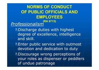 Professionalism
Discharge duties with highest
degree of excellence, intelligence
and skill.
Enter public service with outmost
devotion and dedication to duty
Discourage wrong perceptions of
your roles as dispenser or peddlers
of undue patronage
NORMS OF CONDUCT
OF PUBLIC OFFICIALS AND
EMPLOYEES
(RA 6713)
 