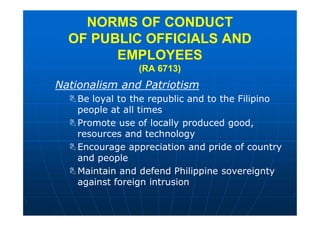 Nationalism and Patriotism
Be loyal to the republic and to the Filipino
people at all times
Promote use of locally produced good,
resources and technology
Encourage appreciation and pride of country
and people
Maintain and defend Philippine sovereignty
against foreign intrusion
NORMS OF CONDUCT
OF PUBLIC OFFICIALS AND
EMPLOYEES
(RA 6713)
 
