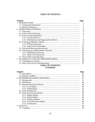 TABLE OF CONTENTS


Chapter                                                                                        Page
1 INTRODUCTION……............................………………..………………………..                                   1
  1.1 Foreground Information….........................................................……………...    1
  1.2 Research Objective …………….…………………………………………..…                                                2
2 LITERATURE OVERVIEW …………………………………………..………....                                                   4
  2.1 Gap Areas……………………………………………………………………..                                                       4
  2.2 Smart Grid Architecture……….……………………………………………...                                             6
  2.3 Layers of Interoperability……………………………………………………..                                            7
      2.3.1 Technical Driver………………………………………………………..                                               7
      2.3.2 Informational and Organizational Driver………………………………                                   8
  2.4 Conceptual Reference Model………..……………………………………......                                         9
      2.4.1 IP Based Networks…………………………………………………...... 12
      2.4.2 Smart Grid Technologies……………………………………………… 12
  2.5 Advanced Metering Infrastructure………………………………………..….. 13
  2.6 Transmission and Distribution Network……………………………………... 18
      2.6.1 NASPInet Framework…………………………………………………. 20
      2.6.2 NERC CIP Framework………………………………………………… 26
  2.7 Power Plant Communication………………………………………..………... 27
3 TECHNOLOGY FOR THE GRID MONITORING……………………………... 30
  3.1 Challenges for Utilities ………………………………...…………………….. 30
  3.2 Why not ICCP for Grid Monitoring………………………………………….. 31
                               TABLE OF CONTENTS
                                    (Continued)

Chapter                                                 Page
  3.3 Why MPLS…………………………………………………………………… 32
  3.4 Benefits of MPLS…………………………………………………………….. 35
4 NETWORK RECOVERY WITH MPLS………………………………………… 37
  4.1 Background…………………………………………………………………... 37
  4.2 Definitions……………………………………………………………………. 38
  4.3 Network Recovery Schemes…………………………………………………. 39
      4.3.1 Local Repair……………………………………………………............ 40
      4.3.2 Global Repair………………………………………………………….. 41
  4.4 Label distributions……………………………………………………………. 42
  4.5 Network Recovery Models…………………………………………………... 43
      4.5.1 Makam Model…………………………………………………………. 43
      4.5.2 Haskin Model………………………………………………………….. 44
      4.5.3 Hundessa Model……………………………………………………….. 45
      4.5.4 Local Protection Model………………………………………………... 46
      4.5.5 Fast Reroute……………………………………………………………. 47
5 RESULTS…………………………………………………………………………. 49
  5.1 Topology……………………………………………………………………... 49

                                                vii
 