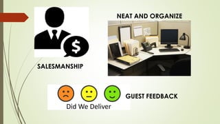 SALESMANSHIP
NEAT AND ORGANIZE
GUEST FEEDBACK
 