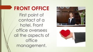 FRONT OFFICE
First point of
contact of a
hotel. Front
office oversees
all the aspects of
office
management.
 