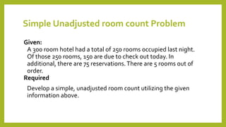 Simple Unadjusted room count Problem
Given:
A 300 room hotel had a total of 250 rooms occupied last night.
Of those 250 rooms, 150 are due to check out today. In
additional, there are 75 reservations.There are 5 rooms out of
order.
Required
Develop a simple, unadjusted room count utilizing the given
information above.
 