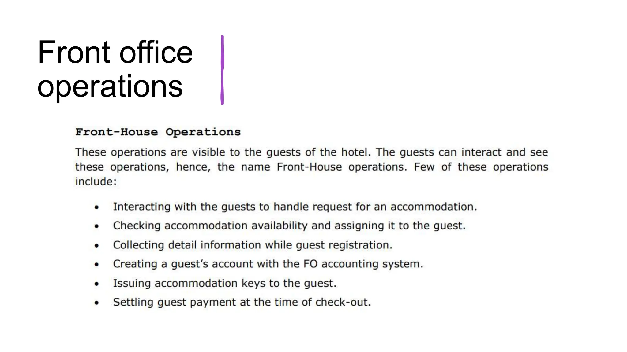 Front office
operations