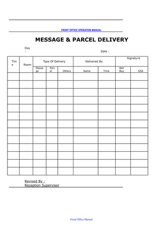 FRONT OFFICE OPERATION MANUAL
MESSAGE & PARCEL DELIVERY
Day
: Date :
Type Of Delivery Delivered By
Signature
Tim
e Room
Messa
ge
Parc
el Others Name Time
Bell
Boy GSA
Revised By :
Reception Supervisor
Front Office Manual
 