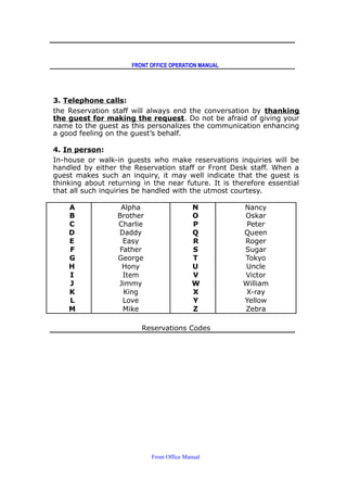 FRONT OFFICE OPERATION MANUAL
3. Telephone calls:
the Reservation staff will always end the conversation by thanking
the guest for making the request. Do not be afraid of giving your
name to the guest as this personalizes the communication enhancing
a good feeling on the guest’s behalf.
4. In person:
In-house or walk-in guests who make reservations inquiries will be
handled by either the Reservation staff or Front Desk staff. When a
guest makes such an inquiry, it may well indicate that the guest is
thinking about returning in the near future. It is therefore essential
that all such inquiries be handled with the utmost courtesy.
A Alpha N Nancy
B Brother O Oskar
C Charlie P Peter
D Daddy Q Queen
E Easy R Roger
F Father S Sugar
G George T Tokyo
H Hony U Uncle
I Item V Victor
J Jimmy W William
K King X X-ray
L Love Y Yellow
M Mike Z Zebra
Reservations Codes
Front Office Manual
 