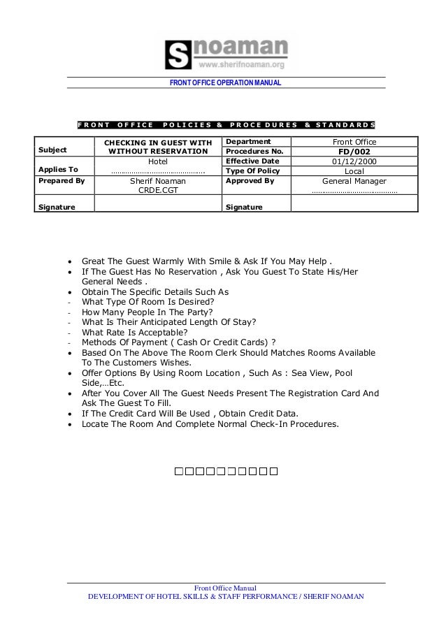 Hotel Front Hotel Hotel Front Desk Standard Operating Procedures Manual Pdf Download Full Online 2020
