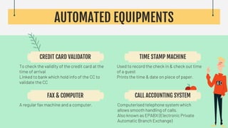 CREDIT CARD VALIDATOR
To check the validity of the credit card at the
time of arrival
Linked to bank which hold info of the CC to
validate the CC
TIME STAMP MACHINE
Used to record the check in & check out time
of a guest
Prints the time & date on piece of paper.
FAX & COMPUTER
A regular fax machine and a computer.
CALL ACCOUNTING SYSTEM
Computerised telephone system which
allows smooth handling of calls.
Also known as EPABX (Electronic Private
Automatic Branch Exchange)
AUTOMATED EQUIPMENTS
 