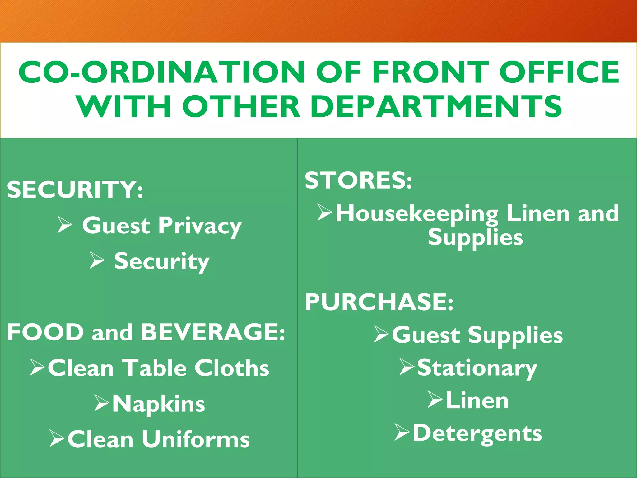 CO-ORDINATION OF FRONT OFFICE
WITH OTHER DEPARTMENTS
SECURITY:
➢ Guest Privacy
➢ Security
FOOD and BEVERAGE:
➢Clean Table Cloths
➢Napkins
➢Clean Uniforms
STORES:
➢Housekeeping Linen and
Supplies
PURCHASE:
➢Guest Supplies
➢Stationary
➢Linen
➢Detergents
 