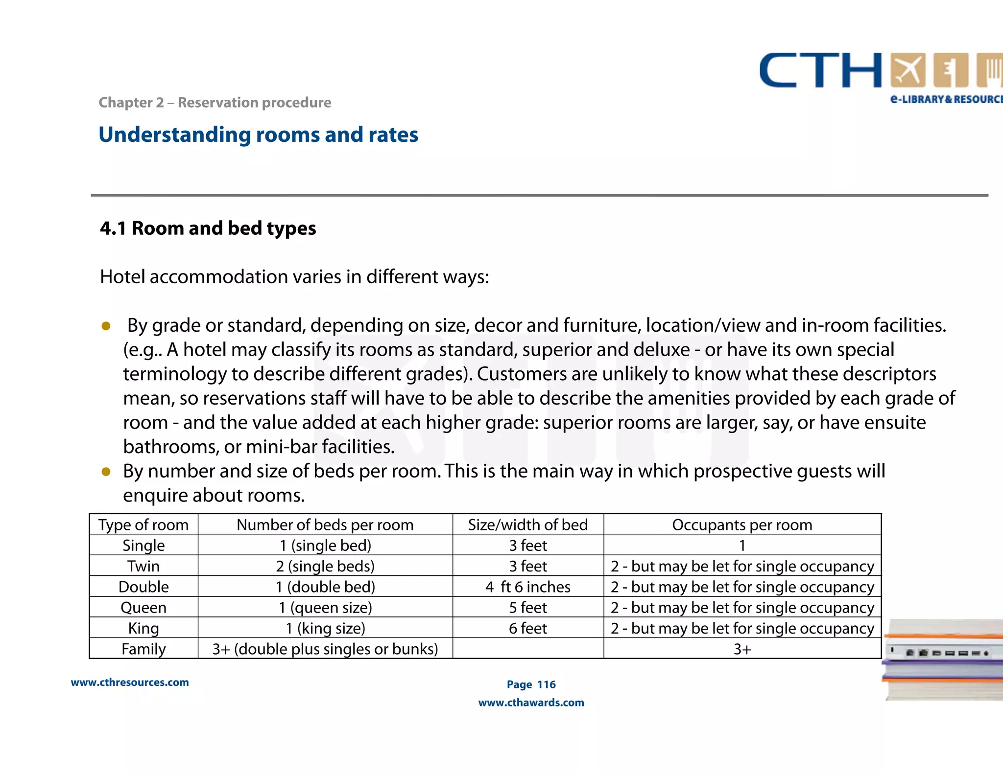 www.cthresources.com 
Page 116 
www.cthawards.com 
Chapter 2 – Reservation procedure 
Understanding rooms and rates 
4.1 Room and bed types 
Hotel accommodation varies in different ways: 
● By grade or standard, depending on size, decor and furniture, location/view and in-room facilities. 
(e.g.. A hotel may classify its rooms as standard, superior and deluxe - or have its own special 
terminology to describe different grades). Customers are unlikely to know what these descriptors 
mean, so reservations staff will have to be able to describe the amenities provided by each grade of 
room - and the value added at each higher grade: superior rooms are larger, say, or have ensuite 
bathrooms, or mini-bar facilities. 
● By number and size of beds per room. This is the main way in which prospective guests will 
enquire about rooms. 
Type of room Number of beds per room Size/width of bed Occupants per room 
Single 1 (single bed) 3 feet 1 
Twin 2 (single beds) 3 feet 2 - but may be let for single occupancy 
Double 1 (double bed) 4 ft 6 inches 2 - but may be let for single occupancy 
Queen 1 (queen size) 5 feet 2 - but may be let for single occupancy 
King 1 (king size) 6 feet 2 - but may be let for single occupancy 
Family 3+ (double plus singles or bunks) 3+ 
 