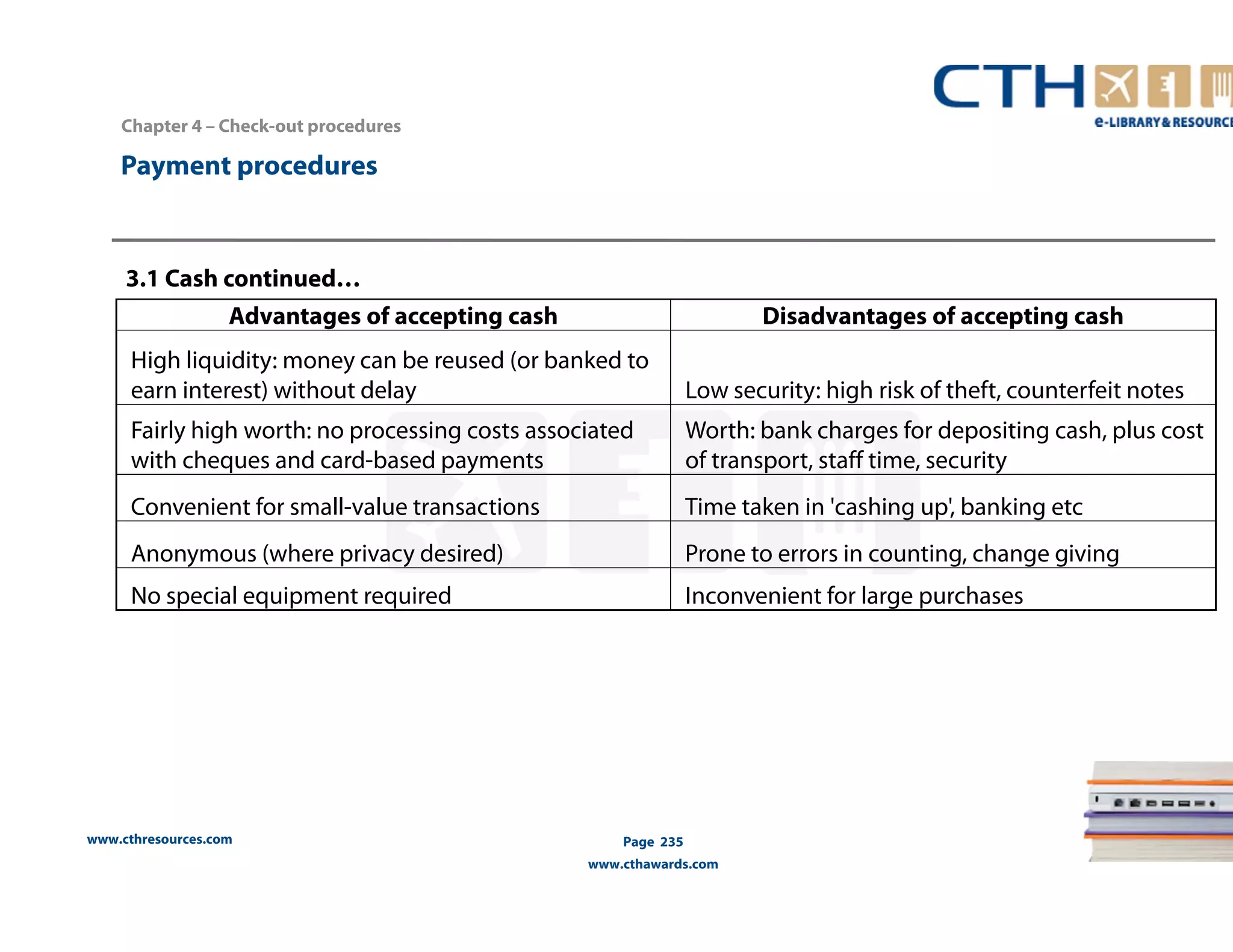 Chapter 4 – Check-out procedures 
3.1 Cash continued… 
www.cthresources.com 
Page 235 
www.cthawards.com 
Payment procedures 
Advantages of accepting cash Disadvantages of accepting cash 
High liquidity: money can be reused (or banked to 
earn interest) without delay Low security: high risk of theft, counterfeit notes 
Fairly high worth: no processing costs associated 
with cheques and card-based payments 
Worth: bank charges for depositing cash, plus cost 
of transport, staff time, security 
Convenient for small-value transactions Time taken in 'cashing up', banking etc 
Anonymous (where privacy desired) Prone to errors in counting, change giving 
No special equipment required Inconvenient for large purchases 
 