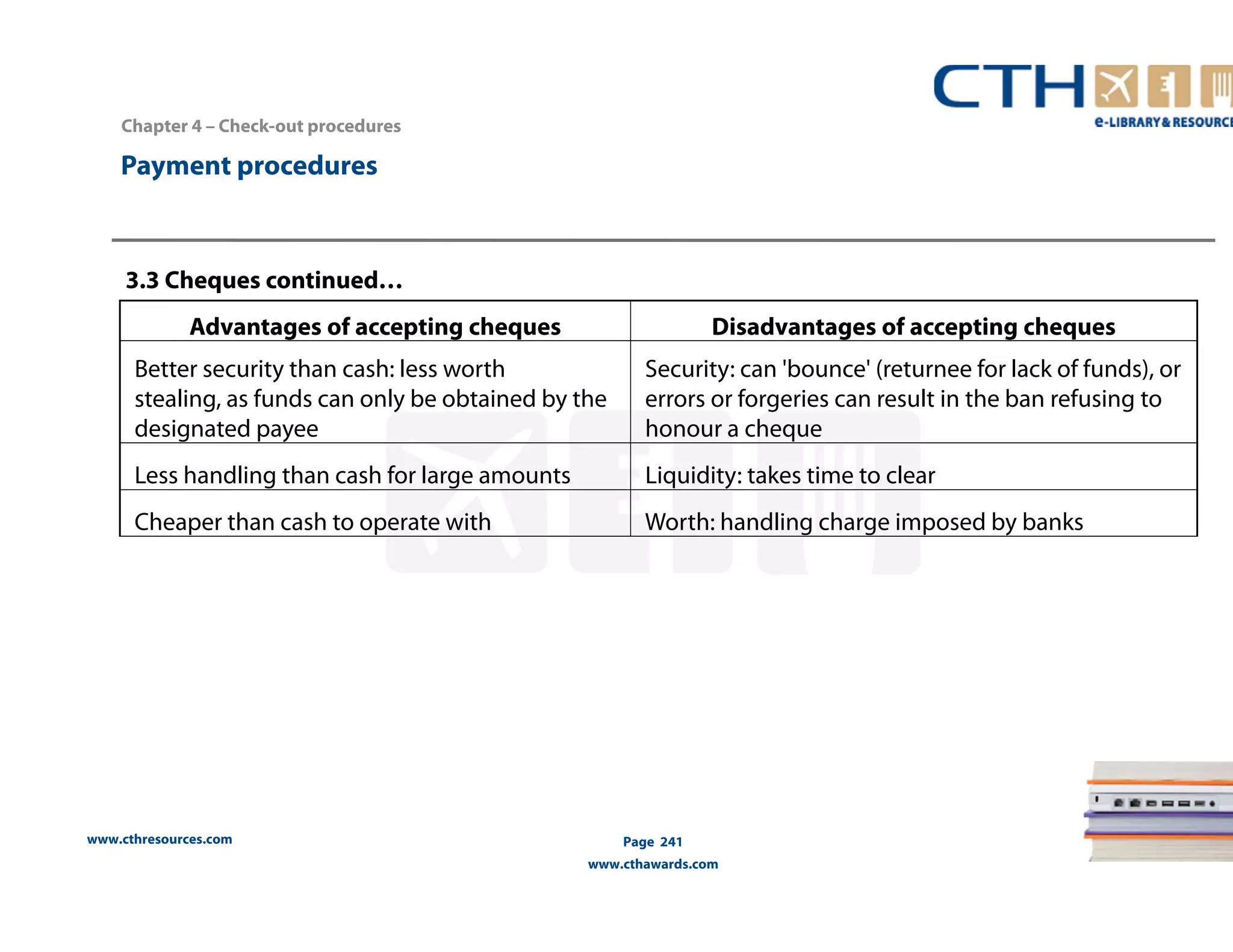 Chapter 4 – Check-out procedures 
3.3 Cheques continued… 
www.cthresources.com 
Page 241 
www.cthawards.com 
Payment procedures 
Advantages of accepting cheques Disadvantages of accepting cheques 
Better security than cash: less worth 
stealing, as funds can only be obtained by the 
designated payee 
Security: can 'bounce' (returnee for lack of funds), or 
errors or forgeries can result in the ban refusing to 
honour a cheque 
Less handling than cash for large amounts Liquidity: takes time to clear 
Cheaper than cash to operate with Worth: handling charge imposed by banks 
 