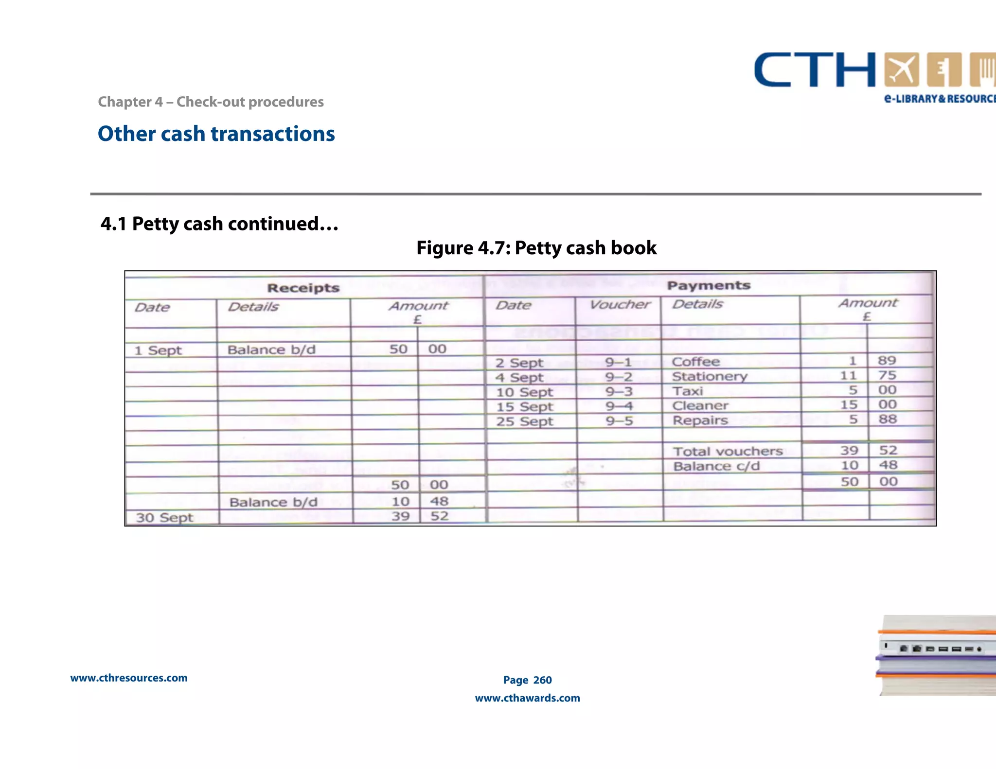 www.cthresources.com 
Page 260 
www.cthawards.com 
Other cash transactions 
4.1 Petty cash continued… 
Figure 4.7: Petty cash book 
Chapter 4 – Check-out procedures 
 
