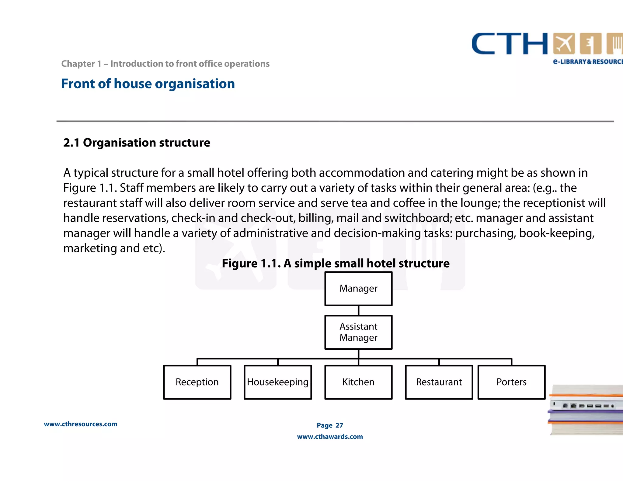 Chapter 1 – Introduction to front office operations 
www.cthresources.com 
Page 27 
www.cthawards.com 
Front of house organisation 
2.1 Organisation structure 
A typical structure for a small hotel offering both accommodation and catering might be as shown in 
Figure 1.1. Staff members are likely to carry out a variety of tasks within their general area: (e.g.. the 
restaurant staff will also deliver room service and serve tea and coffee in the lounge; the receptionist will 
handle reservations, check-in and check-out, billing, mail and switchboard; etc. manager and assistant 
manager will handle a variety of administrative and decision-making tasks: purchasing, book-keeping, 
marketing and etc). 
Figure 1.1. A simple small hotel structure 
Manager 
Assistant 
Manager 
Reception Housekeeping Kitchen Restaurant Porters 
 