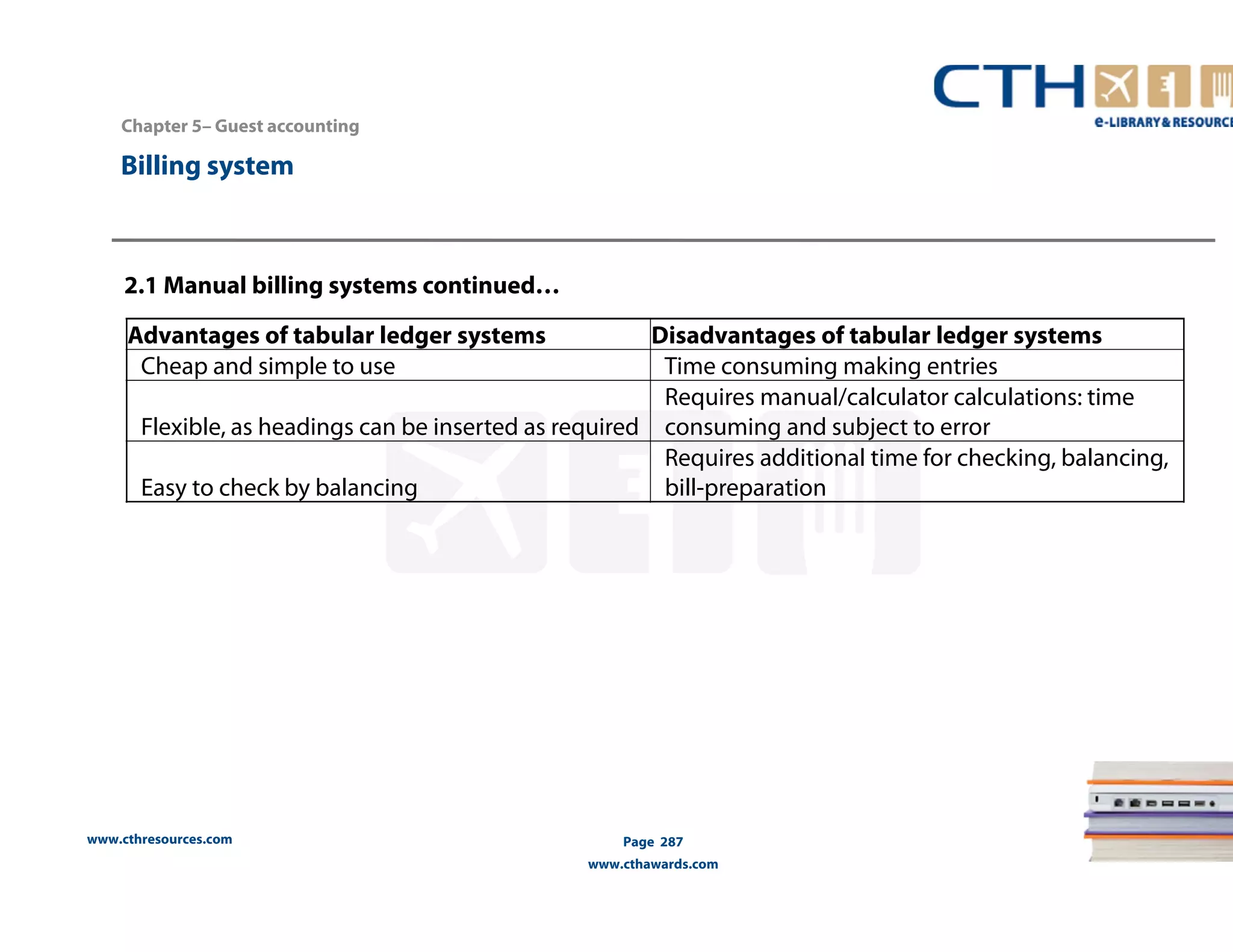 Chapter 5– Guest accounting 
Billing system 
Advantages of tabular ledger systems Disadvantages of tabular ledger systems 
Cheap and simple to use Time consuming making entries 
Flexible, as headings can be inserted as required 
www.cthresources.com 
Requires manual/calculator calculations: time 
consuming and subject to error 
Page 287 
www.cthawards.com 
Easy to check by balancing 
Requires additional time for checking, balancing, 
bill-preparation 
2.1 Manual billing systems continued… 
 