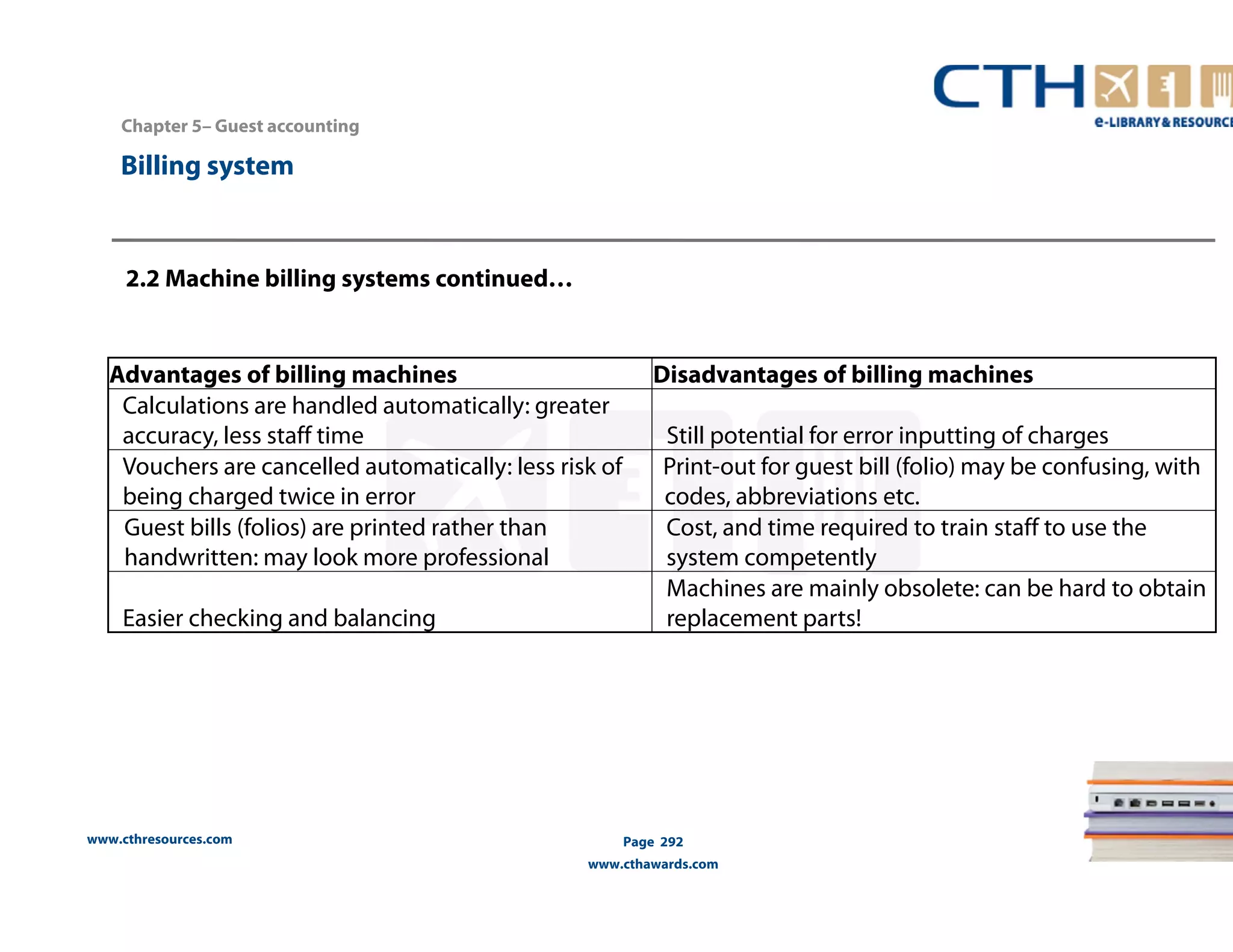 Chapter 5– Guest accounting 
Billing system 
Advantages of billing machines Disadvantages of billing machines 
Calculations are handled automatically: greater 
accuracy, less staff time Still potential for error inputting of charges 
Vouchers are cancelled automatically: less risk of 
being charged twice in error 
www.cthresources.com 
Print-out for guest bill (folio) may be confusing, with 
codes, abbreviations etc. 
Page 292 
www.cthawards.com 
Guest bills (folios) are printed rather than 
handwritten: may look more professional 
Cost, and time required to train staff to use the 
system competently 
Easier checking and balancing 
Machines are mainly obsolete: can be hard to obtain 
replacement parts! 
2.2 Machine billing systems continued… 
 