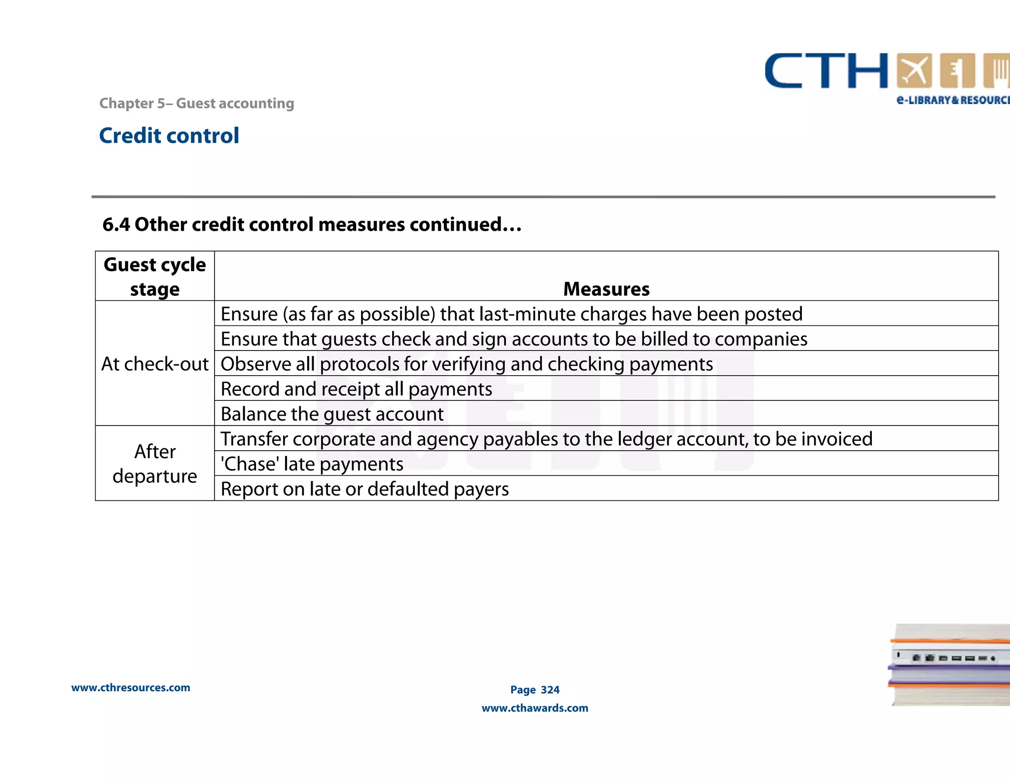 Chapter 5– Guest accounting 
www.cthresources.com 
Page 324 
www.cthawards.com 
Credit control 
6.4 Other credit control measures continued… 
Guest cycle 
stage Measures 
At check-out 
Ensure (as far as possible) that last-minute charges have been posted 
Ensure that guests check and sign accounts to be billed to companies 
Observe all protocols for verifying and checking payments 
Record and receipt all payments 
Balance the guest account 
After 
departure 
Transfer corporate and agency payables to the ledger account, to be invoiced 
'Chase' late payments 
Report on late or defaulted payers 
 