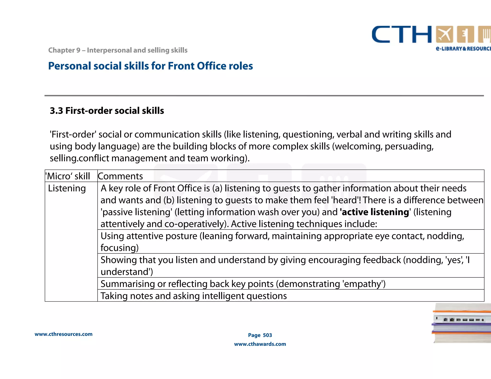 Personal social skills for Front Office roles 
3.3 First-order social skills 
'First-order' social or communication skills (like listening, questioning, verbal and writing skills and 
using body language) are the building blocks of more complex skills (welcoming, persuading, 
selling.conflict management and team working). 
'Micro‘ skill Comments 
Listening A key role of Front Office is (a) listening to guests to gather information about their needs 
www.cthresources.com 
and wants and (b) listening to guests to make them feel 'heard'! There is a difference between 
'passive listening' (letting information wash over you) and 'active listening' (listening 
attentively and co-operatively). Active listening techniques include: 
Using attentive posture (leaning forward, maintaining appropriate eye contact, nodding, 
focusing) 
Showing that you listen and understand by giving encouraging feedback (nodding, 'yes', 'I 
understand') 
Summarising or reflecting back key points (demonstrating 'empathy') 
Taking notes and asking intelligent questions 
Page 503 
www.cthawards.com 
Chapter 9 – Interpersonal and selling skills 
 