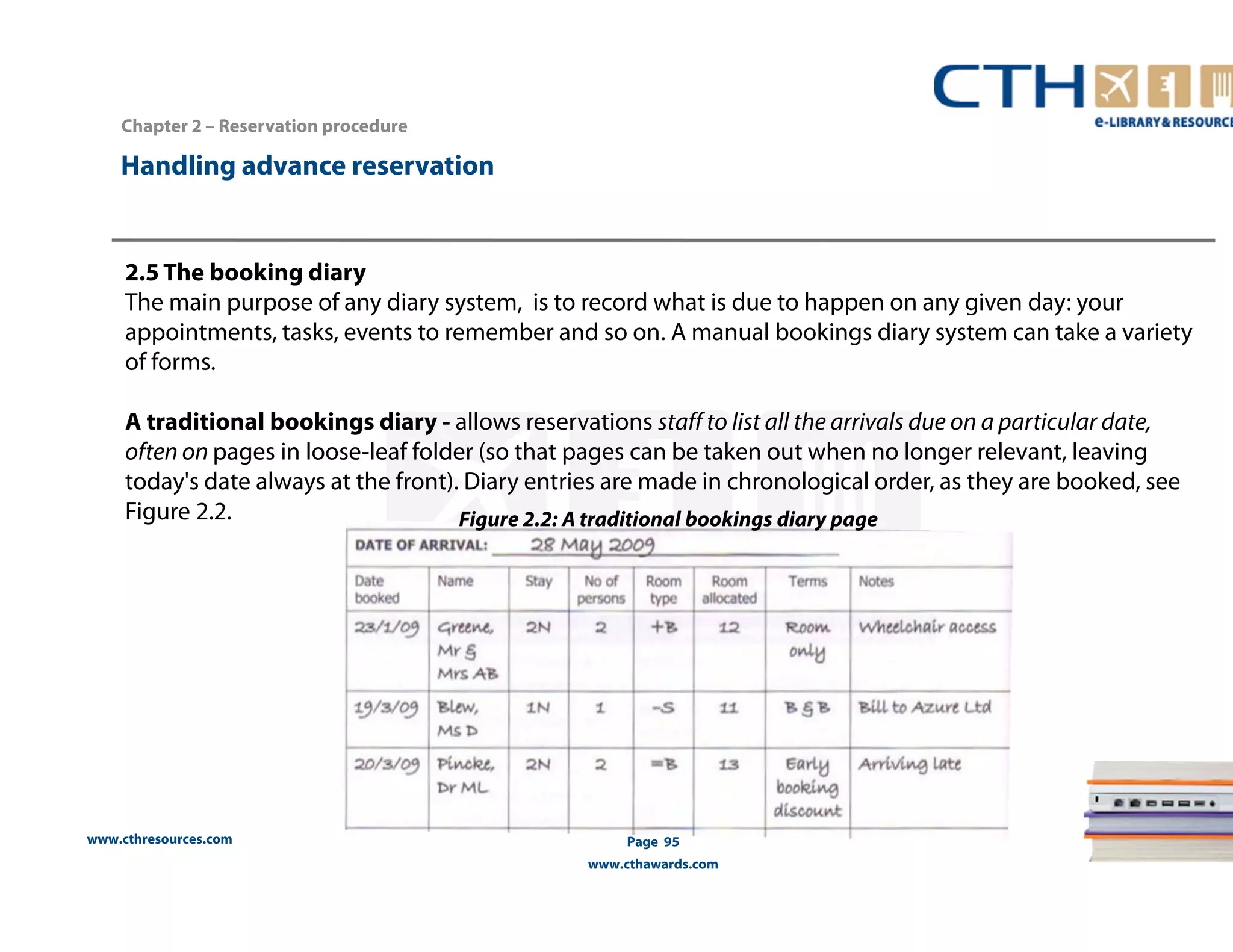 Handling advance reservation 
www.cthresources.com 
Page 95 
www.cthawards.com 
Chapter 2 – Reservation procedure 
2.5 The booking diary 
The main purpose of any diary system, is to record what is due to happen on any given day: your 
appointments, tasks, events to remember and so on. A manual bookings diary system can take a variety 
of forms. 
A traditional bookings diary - allows reservations staff to list all the arrivals due on a particular date, 
often on pages in loose-leaf folder (so that pages can be taken out when no longer relevant, leaving 
today's date always at the front). Diary entries are made in chronological order, as they are booked, see 
Figure 2.2. Figure 2.2: A traditional bookings diary page 
 