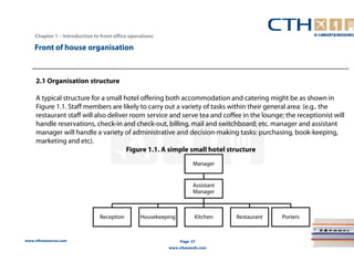 Chapter 1 – Introduction to front office operations 
www.cthresources.com 
Page 27 
www.cthawards.com 
Front of house organisation 
2.1 Organisation structure 
A typical structure for a small hotel offering both accommodation and catering might be as shown in 
Figure 1.1. Staff members are likely to carry out a variety of tasks within their general area: (e.g.. the 
restaurant staff will also deliver room service and serve tea and coffee in the lounge; the receptionist will 
handle reservations, check-in and check-out, billing, mail and switchboard; etc. manager and assistant 
manager will handle a variety of administrative and decision-making tasks: purchasing, book-keeping, 
marketing and etc). 
Figure 1.1. A simple small hotel structure 
Manager 
Assistant 
Manager 
Reception Housekeeping Kitchen Restaurant Porters 
 