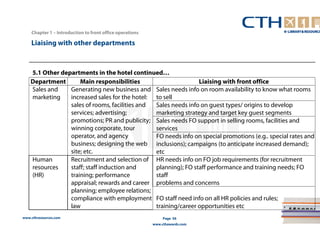 5.1 Other departments in the hotel continued… 
www.cthresources.com 
Page 56 
www.cthawards.com 
Chapter 1 – Introduction to front office operations 
Liaising with other departments 
Department Main responsibilities Liaising with front office 
Sales and 
marketing 
Generating new business and 
increased sales for the hotel: 
sales of rooms, facilities and 
services; advertising; 
promotions; PR and publicity; 
winning corporate, tour 
operator, and agency 
business; designing the web 
site; etc. 
Sales needs info on room availability to know what rooms 
to sell 
Sales needs info on guest types/ origins to develop 
marketing strategy and target key guest segments 
Sales needs FO support in selling rooms, facilities and 
services 
FO needs info on special promotions (e.g.. special rates and 
inclusions); campaigns (to anticipate increased demand); 
etc 
Human 
resources 
(HR) 
Recruitment and selection of 
staff; staff induction and 
training; performance 
appraisal; rewards and career 
planning; employee relations; 
compliance with employment 
law 
HR needs info on FO job requirements (for recruitment 
planning); FO staff performance and training needs; FO 
staff 
problems and concerns 
FO staff need info on all HR policies and rules; 
training/career opportunities etc 
 
