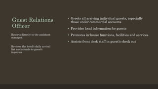 Guest Relations
Officer
• Greets all arriving individual guests, especially
those under commercial accounts
• Provides local information for guests
• Promotes in-house functions, facilities and services
• Assists front desk staff in guest’s check out
Reports directly to the assistant
manager.
Reviews the hotel’s daily arrival
list and attends to guest’s
inquiries
 