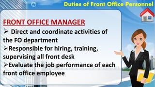 front office personnel and their functions