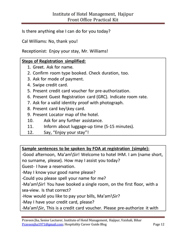 Front Office Practical Role Play Scripts for Hotel