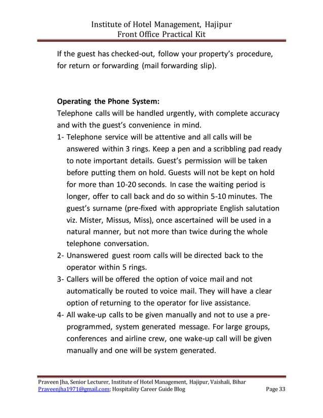 Front Office Practical Role Play Scripts for Hotel