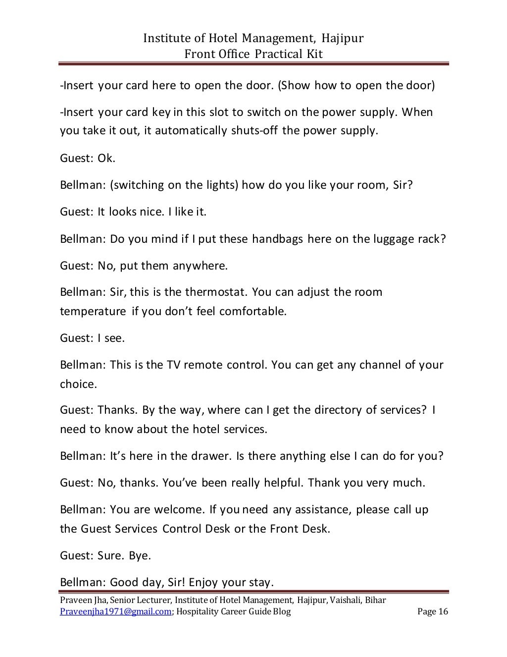 Front Office Practical Role Play Scripts for Hotel