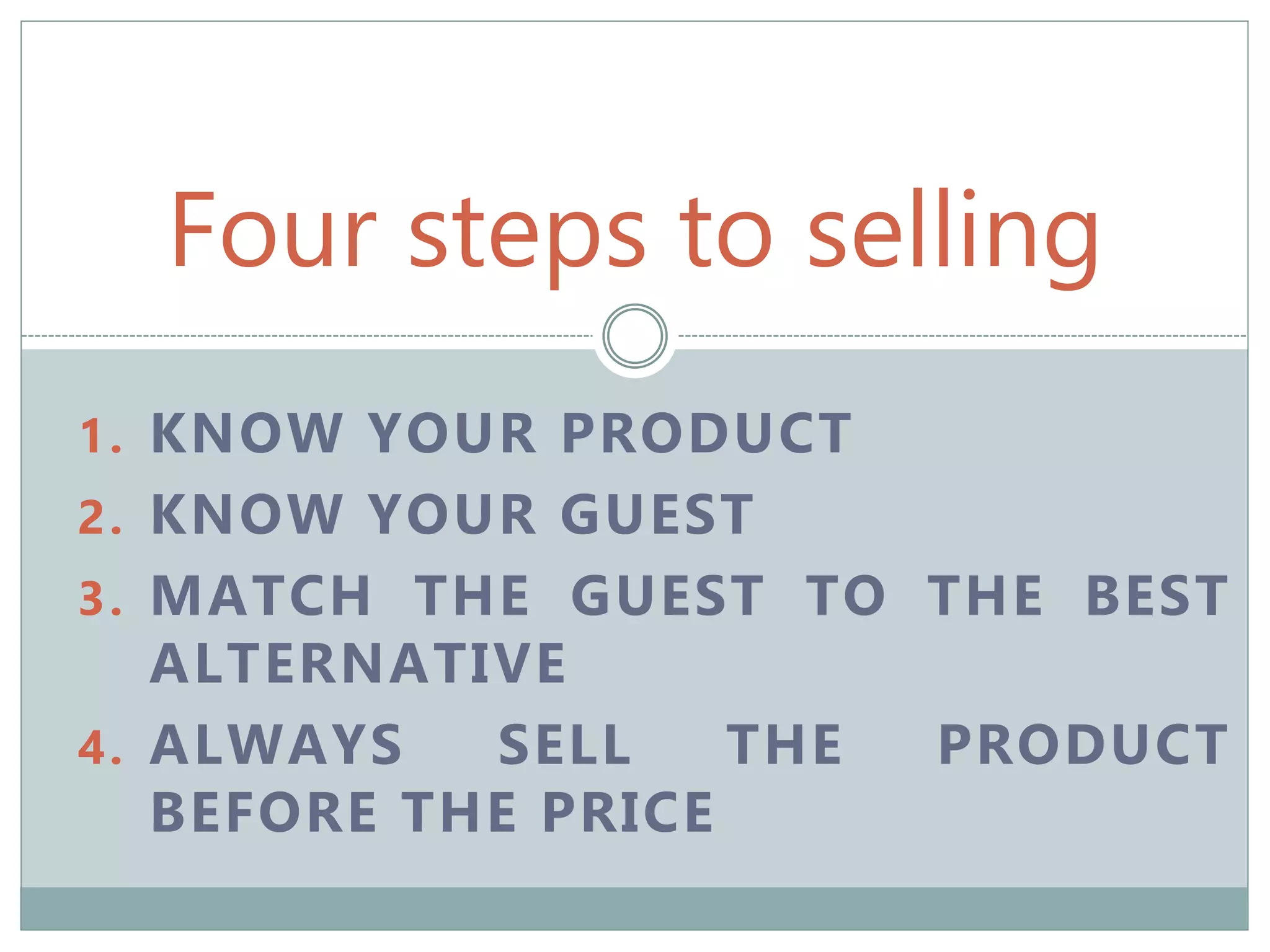 Four steps to selling
1. KNOW YOUR PRODUCT
2. KNOW YOUR GUEST
3. MATCH THE GUEST TO THE BEST
ALTERNATIVE
4. ALWAYS SELL THE PRODUCT
BEFORE THE PRICE