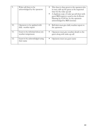44
9. Wake call sheet to be
acknowledged by the operators
 This sheet is then given to the operator who
in turn, calls up the guest at the requested
time for the wake up call
 A duplicate copy of wake up call sheet with
guest IRD request is send to the In Room
Dinning by 01:00 hrs. by the operators
acknowledged by IRD associate
10. Operators to be updated with
daily weather report
 Bell desk must give daily weather report to
the operators
11. Guest to be informed about city
weather temperature
 Operators must give weather details to the
guest along with wake up call
12. Guest to be acknowledged using
their name
 Operators must use guest name
 