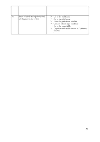 52
10. Steps to enter the departure time
of the guest in the system
 Go to the front desk
 Go to guest in-house
 Enter the guest room number
 Click on edit on right hand side
 Go to the more fields
 Departure time to be entered in C/O time
column
 
