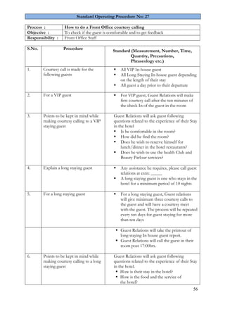 56
Standard Operating Procedure No: 27
Process : How to do a Front Office courtesy calling
Objective : To check if the guest is comfortable and to get feedback
Responsibility : Front Office Staff
S.No. Procedure
Standard (Measurement, Number, Time,
Quantity, Precautions,
Phraseology etc.)
1. Courtesy call is made for the
following guests
 All VIP In-house guest
 All Long Staying In-house guest depending
on the length of their stay
 All guest a day prior to their departure
2. For a VIP guest  For VIP guest, Guest Relations will make
first courtesy call after the ten minutes of
the check In of the guest in the room
3. Points to be kept in mind while
making courtesy calling to a VIP
staying guest
Guest Relations will ask guest following
questions related to the experience of their Stay
in the hotel
 Is he comfortable in the room?
 How did he find the room?
 Does he wish to reserve himself for
lunch/dinner in the hotel restaurants?
 Does he wish to use the health Club and
Beauty Parlour services?
4. Explain a long staying guest  Any assistance he requires, please call guest
relations at extn: _____
 A long staying guest is one who stays in the
hotel for a minimum period of 10 nights
5. For a long staying guest  For a long staying guest, Guest relations
will give minimum three courtesy calls to
the guest and will have a courtesy meet
with the guest. The process will be repeated
every ten days for guest staying for more
than ten days
 Guest Relations will take the printout of
long staying In house guest report.
 Guest Relations will call the guest in their
room post 17:00hrs.
6. Points to be kept in mind while
making courtesy calling to a long
staying guest
Guest Relations will ask guest following
questions related to the experience of their Stay
in the hotel.
 How is their stay in the hotel?
 How is the food and the service of
the hotel?
 