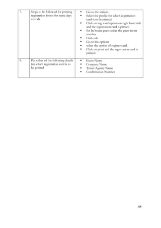 68
7. Steps to be followed for printing
registration forms for same days
arrivals
 Go to the arrivals
 Select the profile for which registration
card is to be printed
 Click on reg. card option on right hand side
and the registration card is printed
 for In-house guest select the guest room
number
 Click edit
 Go to the options
 select the option of register card
 Click on print and the registration card is
printed
8. Put either of the following details
for which registration card is to
be printed
 Guest Name
 Company Name
 Travel Agency Name
 Confirmation Number
 