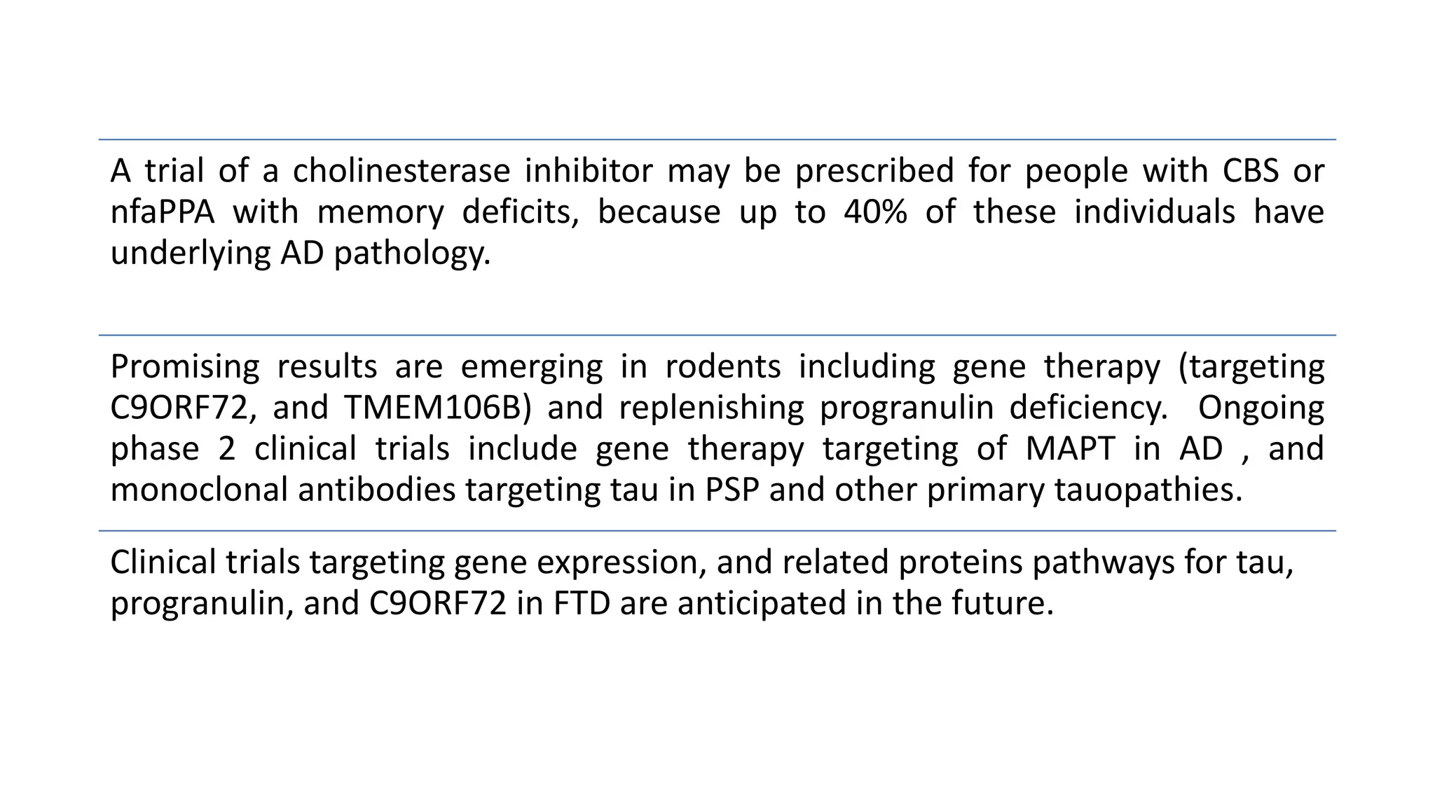 A trial of a cholinesterase inhibitor may be prescribed for people with CBS or
nfaPPA with memory deficits, because up to 40% of these individuals have
underlying AD pathology.
Promising results are emerging in rodents including gene therapy (targeting
C9ORF72, and TMEM106B) and replenishing progranulin deficiency. Ongoing
phase 2 clinical trials include gene therapy targeting of MAPT in AD , and
monoclonal antibodies targeting tau in PSP and other primary tauopathies.
Clinical trials targeting gene expression, and related proteins pathways for tau,
progranulin, and C9ORF72 in FTD are anticipated in the future.
 
