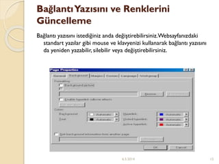 BağlantıYazısını ve Renklerini
Güncelleme
Bağlantı yazısını istediğiniz anda değiştirebilirsiniz.Websayfanızdaki
standart yazılar gibi mouse ve klavyenizi kullanarak bağlantı yazısını
da yeniden yazabilir, silebilir veya değiştirebilirsiniz.
6.5.2014 12
 
