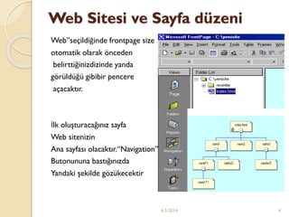 Web Sitesi ve Sayfa düzeni
Web”seçildiğinde frontpage size
otomatik olarak önceden
belirttiğinizdizinde yanda
görüldüğü gibibir pencere
açacaktır.
İlk oluşturacağınız sayfa
Web sitenizin
Ana sayfası olacaktır.“Navigation”
Butonununa bastığınızda
Yandaki şekilde gözükecektir
6.5.2014 4
 