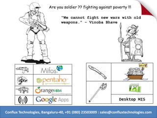 We cannot fight new wars with old
weapons. - Vinoba Bhave
Desktop MIS
Are you soldier ?? fighting against poverty !!!
Conflux Technologies, Bangaluru-40, +91 (080) 23503009 : sales@confluxtechnologies.com
 