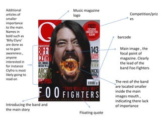 Additional                 Music magazine
articles of                logo                         Competition/priz
smaller                                                 es
importance
to the main.
Names in
bold such as                                    barcode
‘Billy Clyro’
are done as
so to gain                                        Main image , the
awareness ,                                       focal point of
anyone                                            magazine. Clearly
interested in                                     the lead of the
for instance
                                                  band Foo Fighters
Clyfro is most
likely going to
read on
                                               The rest of the band
                                               are located smaller
                                               inside the main
                                               images mouth ,
                                               indicating there lack
Introducing the band and                       of importance
the main story
                              Floating quote
 