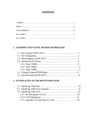 CONTENTS 
Certificate…………………………………………………………………………i 
Preface..…………………………………………………………………….. …….ii 
Acknowledgement…………………………………………………………. …….iii 
List of figures………………………………………………………………. …….iv 
List of tables………………………………………………………………... …….v 
1. INTRODUCTION TO PIC MICROCONTROLLERS 
1.1. Key Features Of PIC16F73……………………………………….. .1 
1.2. Pin Configuration…………………………………………………...2 
1.3. Block Diagram Of PIC16F73………………………………………3 
1.4. Introduction Of Timers……………………………………………..5 
1.4.1. Timer TMR0…………………………………………………..5 
1.4.2. Timer TMR1……………………………………………………7 
1.4.3. Timer TMR2……………………………………………………9 
1.5. Capture/Compare/PWM Mode……………………………………11 
1.6. Special Feature Of PIC16F73………………………………………13 
2. INTERFACING OF MICROCONTROLLERS 
2.1. Interfacing With Leds……………………………………………….14 
2.2. Interfacing With Seven Segment……………………………………15 
2.3. Interfacing With LCD………………………………………………18 
2.3.1. Pin Description of LCD………………………………………18 
2.3.2. LCD Initialization…………………………………………….18 
2.3.3. Algorithm To Send Data To LCD……………………………19 
 