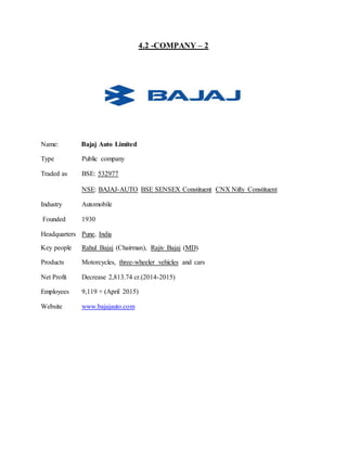 4.2 -COMPANY – 2
Name: Bajaj Auto Limited
Type Public company
Traded as BSE: 532977
NSE: BAJAJ-AUTO BSE SENSEX Constituent CNX Nifty Constituent
Industry Automobile
Founded 1930
Headquarters Pune, India
Key people Rahul Bajaj (Chairman), Rajiv Bajaj (MD)
Products Motorcycles, three-wheeler vehicles and cars
Net Profit Decrease 2,813.74 cr.(2014-2015)
Employees 9,119 + (April 2015)
Website www.bajajauto.com
 