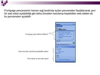 Frontpage penceresinin hemen sağ tarafında açılan pencereden faydalanarak yeni
bir web sitesi açılabildiği gibi daha önceden hazırlanıp kaydedilen web siteleri de
bu pencereden açılabilir.
 