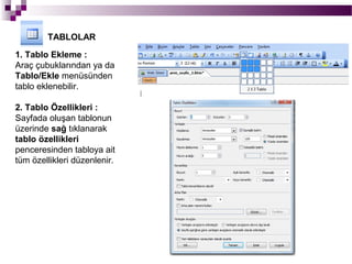TABLOLAR

1. Tablo Ekleme :
Araç çubuklarından ya da
Tablo/Ekle menüsünden
tablo eklenebilir.

2. Tablo Özellikleri :
Sayfada oluşan tablonun
üzerinde sağ tıklanarak
tablo özellikleri
penceresinden tabloya ait
tüm özellikleri düzenlenir.
 
